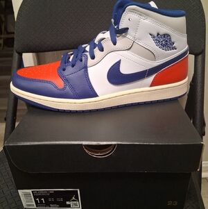 Jordan Mid Blue, Red, and White Sneakers